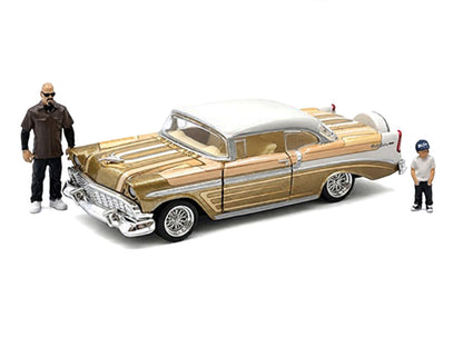 1956 Chevrolet Bel Air Lowrider Gold Metallic with Gold Interior and White Top with 2 Figures Limited Edition to 4400 pieces Worldwide 1/64 Diecast Model Car by M2 Machines by M2