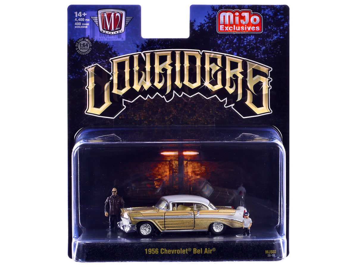 1956 Chevrolet Bel Air Lowrider Gold Metallic with Gold Interior and White Top with 2 Figures Limited Edition to 4400 pieces Worldwide 1/64 Diecast Model Car by M2 Machines by M2
