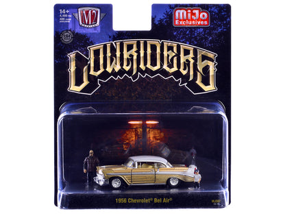 1956 Chevrolet Bel Air Lowrider Gold Metallic with Gold Interior and White Top with 2 Figures Limited Edition to 4400 pieces Worldwide 1/64 Diecast Model Car by M2 Machines by M2