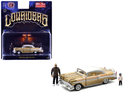 1956 Chevrolet Bel Air Lowrider Gold Metallic with Gold Interior and White Top with 2 Figures Limited Edition to 4400 pieces Worldwide 1/64 Diecast Model Car by M2 Machines by M2