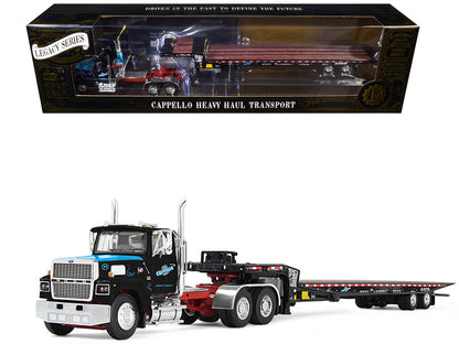 Ford LTL 9000 Day Cab and Landoll 440B-50CA Traveling Axle Trailer "Cappello Heavy Transport" Black with Blue Hood "Legacy" Series #3 1/64 Diecast Model by DCP/First Gear by First Gear