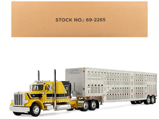 Peterbilt 359 with 63" Flat Top Sleeper & Wilson Silverstar Livestock Trailer "Red's Favorites - Hank Cosper" Yellow with Black Stripes 1/64 Diecast Model by DCP/First Gear by First Gear