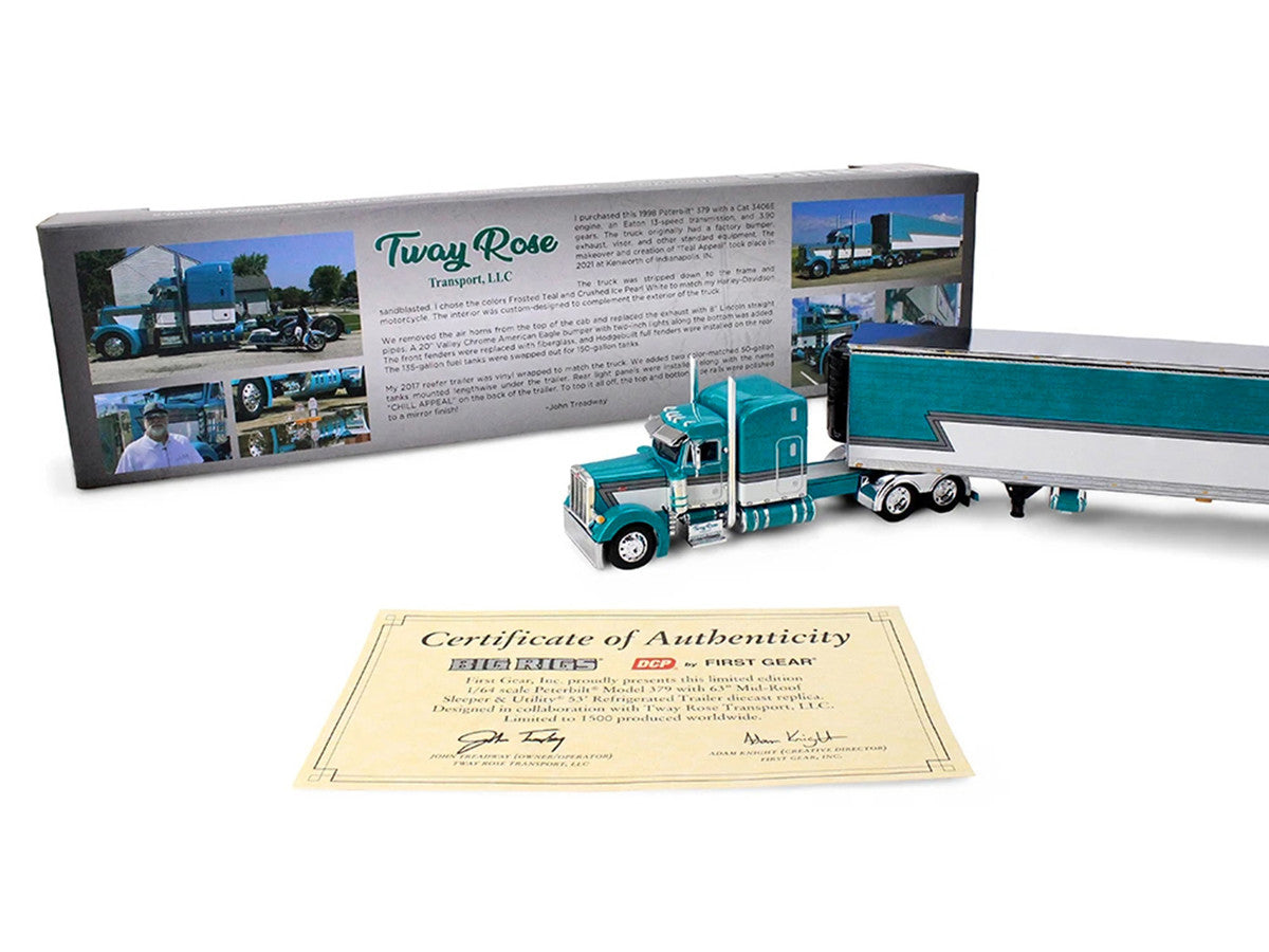 Peterbilt 379 with 63" Mid-Roof Sleeper and 53' Utility Trailer with Reefer "Tway Rose Transport" Teal and White with Stripes "Big Rigs" Series II #5 1/64 Diecast Model by DCP/First Gear-2
