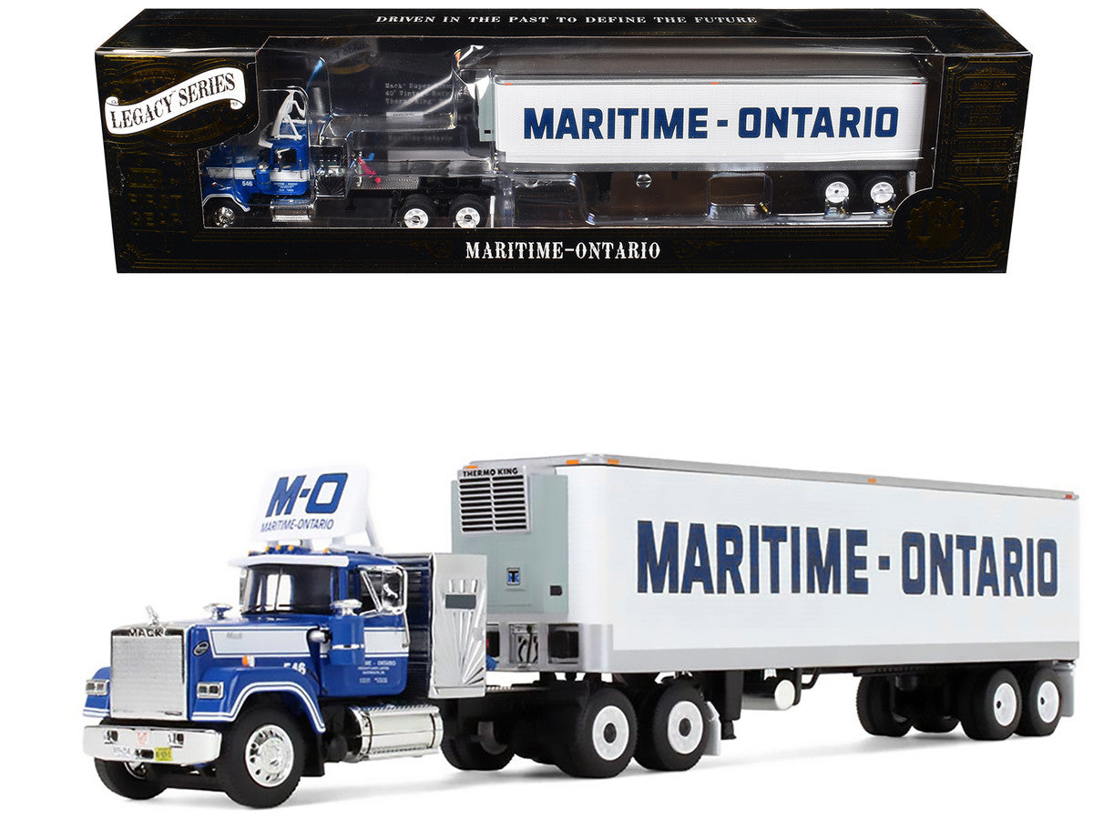 Mack Super-Liner with 36" Vintage Sleeper and 40' Vintage Trailer with Reefer "Maritime-Ontario" Blue with White Stripes "Legacy" Series #4 1/64 Diecast Model by DCP/First Gear by First Gear