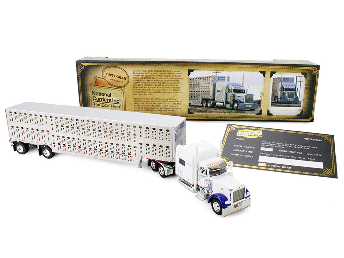 Peterbilt 379 with 70" Mid-Roof Sleeper and Wilson Silverstar Livestock Trailer "National Carriers" White "Legacy Series #5" 1/64 Diecast Model by DCP/First Gear by First Gear