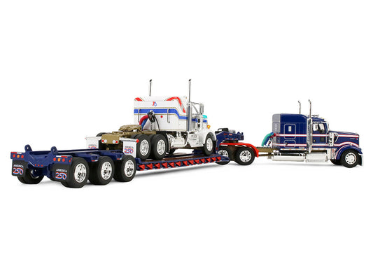 Kenworth W900L with 72" Aerocab Flat Top Sleeper Blue with White Stripes and Fontaine Magnitude Lowboy Trailer with Kenworth W900A Load White with Blue and Red Stripes "America 250" 1/64 Diecast Model by DCP/First Gear by First Gear