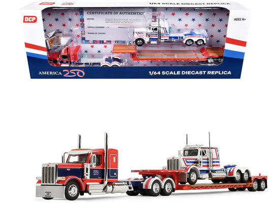 Peterbilt 589 with 44" Flat Top Sleeper Red with Blue Stripes and Fontaine Renegade LXT40 Lowboy Trailer with Peterbilt 359 Load White with Blue and Red Stripes "America 250" 1/64 Diecast Model by DCP/First Gear by First Gear