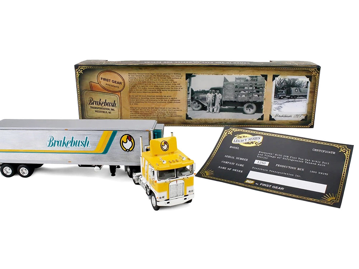 Kenworth K100 COE Flat Top and 40' Vintage Trailer with Reefer "Brakebush" Yellow with White Grpahics "Legacy Series #6" 1/64 Diecast Model by First Gear-1