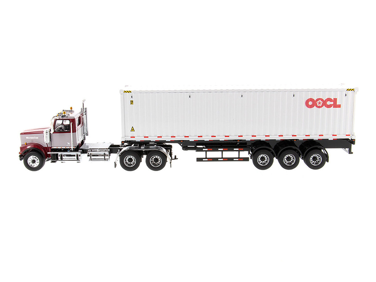 Western Star 4900 SF Tandem Day Cab Truck Tractor Red and Gray with 40' Dry Goods Sea Container "OOCL" White "Transport Series" 1/50 Diecast Model by Diecast Masters-1