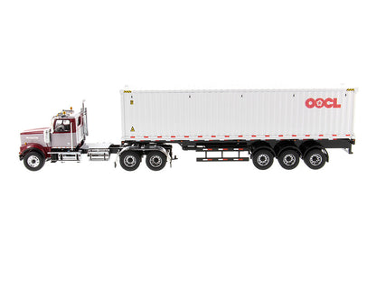 Western Star 4900 SF Tandem Day Cab Truck Tractor Red and Gray with 40' Dry Goods Sea Container "OOCL" White "Transport Series" 1/50 Diecast Model by Diecast Masters-1