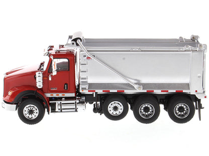 International HX620 Tandem Axle with Pusher Axle OX Stampede Dump Truck Red and Chrome "Transport Series" 1/50 Diecast Model by Diecast Masters-1