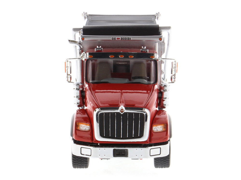 International HX620 Tandem Axle with Pusher Axle OX Stampede Dump Truck Red and Chrome "Transport Series" 1/50 Diecast Model by Diecast Masters-3