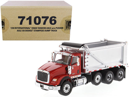 International HX620 Tandem Axle with Pusher Axle OX Stampede Dump Truck Red and Chrome "Transport Series" 1/50 Diecast Model by Diecast Masters-0
