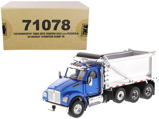 Kenworth T880S SFFA Tandem Axle with Pusher Axle OX Stampede Dump Truck Blue and Chrome "Transport Series" 1/50 Diecast Model by Diecast Masters by Diecast Masters
