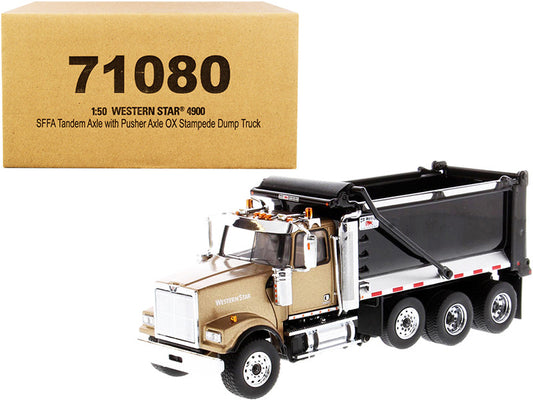 Western Star 4900 SFFA Tandem with Pusher Axle OX Stampede Dump Truck Gold and Black "Transport Series" 1/50 Diecast Model by Diecast Masters by Diecast Masters