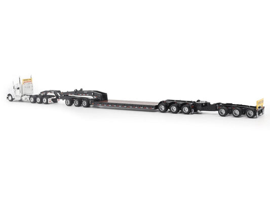 Peterbilt 589 Tridem-Axle Truck Tractor with Day Cab and Trail King TK170 Hydraulic Detachable Gooseneck Lowboy Trailer with Jeep and Booster White "Transport Series" 1/64 Diecast Model by Diecast Masters by Diecast Masters