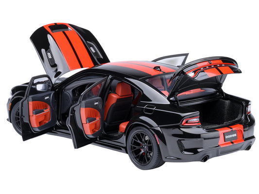 Dodge Charger SRT Hellcat Redeye Pitch Black with Red Stripes and Interior 1/18 Model Car by Autoart by Autoart