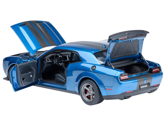 2023 Dodge Challenger SRT Super Stock Frostbite Blue Metallic with Carbon Stripes 1/18 Model Car by Autoart by Autoart