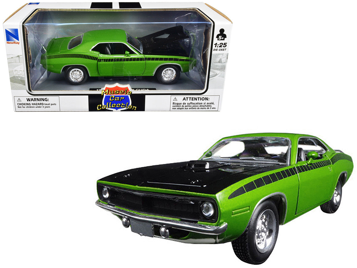 1970 Plymouth Barracuda Green with Black Hood and Stripes "Muscle Car Collection" 1/25 Diecast Model Car by New Ray by New Ray