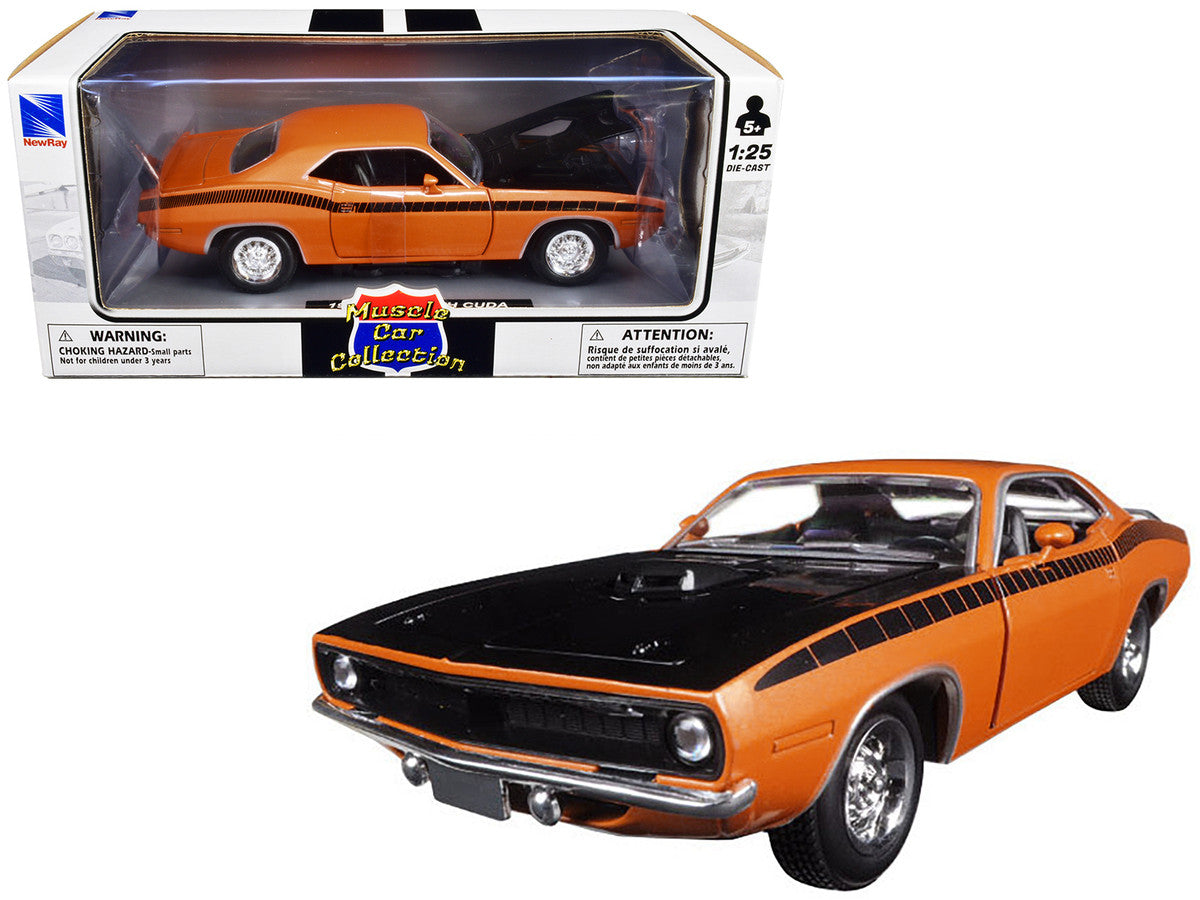 1970 Plymouth Cuda Orange with Black Hood and Stripes 1/25 Diecast Model Car by New Ray by New Ray