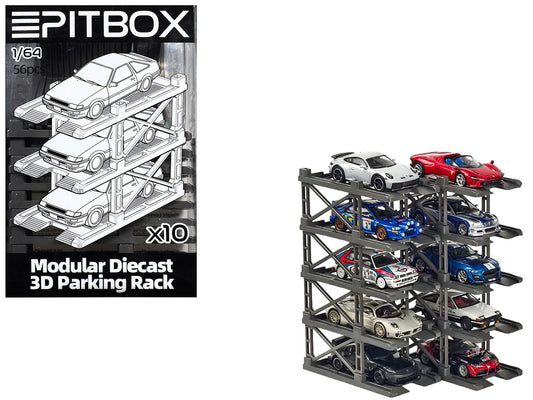 Modular Diecast 3D Parking Rack Display Stand Set of 10 Racks for 1/64 Scale Model Cars by Pitbox by Pitbox