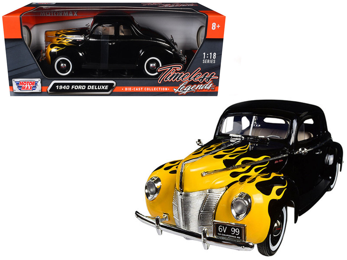 1940 Ford Deluxe Black with Yellow Flames "Timeless Classics" 1/18 Diecast Model Car by Motormax by Motormax