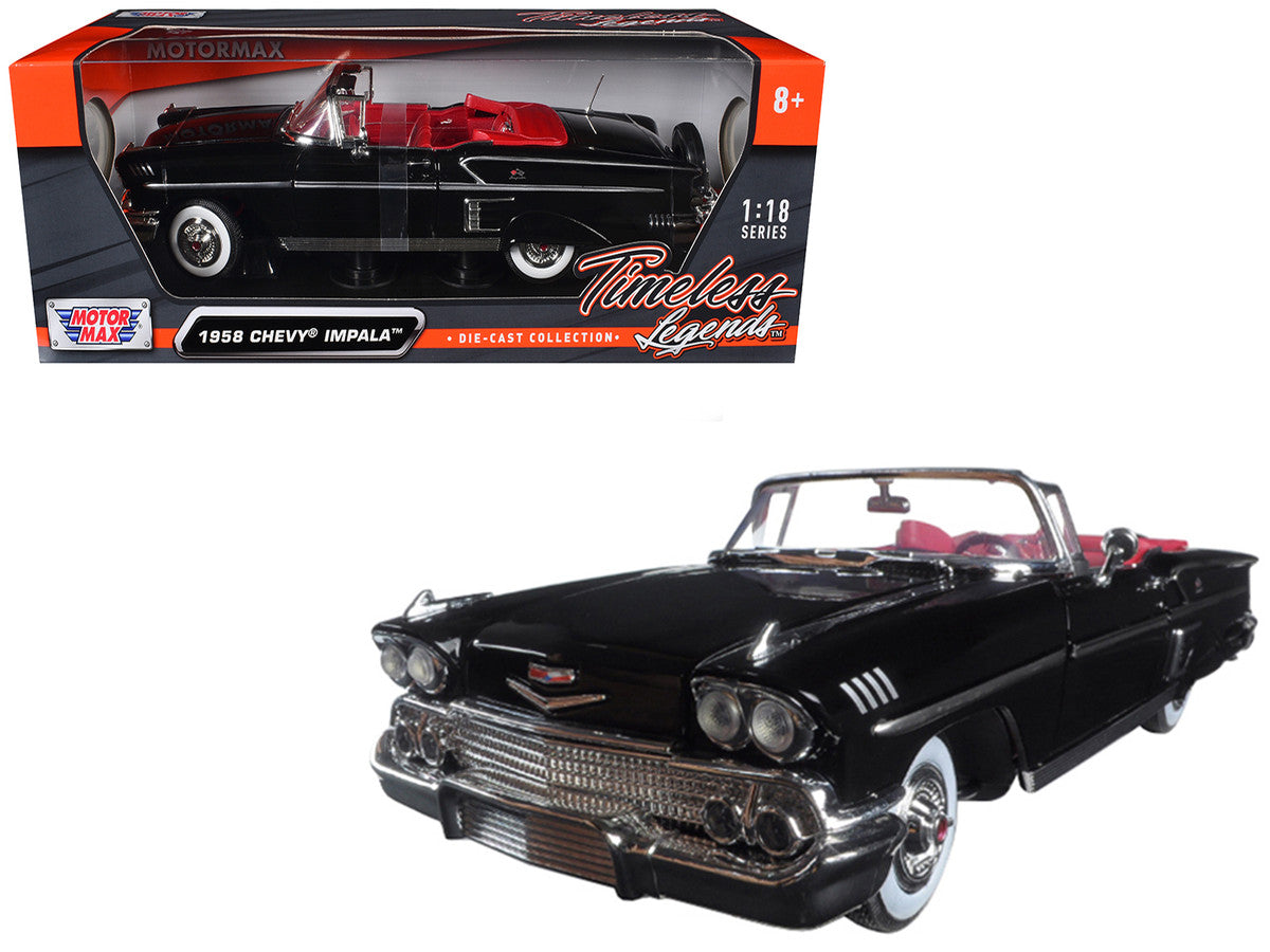 1958 Chevrolet Impala Convertible Black with Red Interior "Timeless Classics" 1/18 Diecast Model Car by Motormax by Motormax