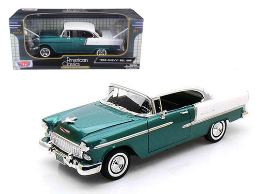 1955 Chevrolet Bel Air Hard Top Green Metallic and White 1/18 Diecast Model Car by Motormax by Motormax