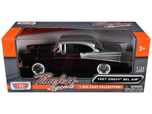 1957 Chevrolet Bel Air Burgundy Metallic and Silver Metallic "Timeless Legends" Series 1/24 Diecast Model Car by Motormax by Motormax
