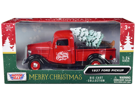 1937 Ford Pickup Truck Red and Black "Merry Christmas" with Tree Accessory 1/24 Diecast Model Car by Motormax by Motormax