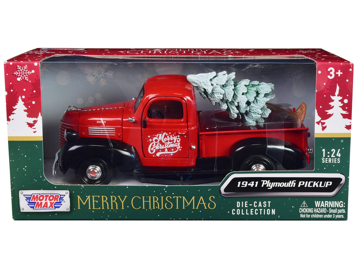 1941 Plymouth Pickup Truck Red and Black "Merry Christmas" with Tree Accessory 1/24 Diecast Model Car by Motormax by Motormax