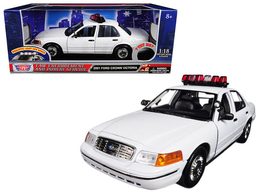 2001 Ford Crown Victoria Police Car Plain White with Flashing Light Bar and Front and Rear Lights and Sounds 1/18 Diecast Model Car by Motormax by Motormax