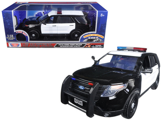 2015 Ford Police Interceptor Utility Black and White with Flashing Light Bar and Front and Rear Lights and 2 Sounds 1/18 Diecast Model Car by Motormax by Motormax