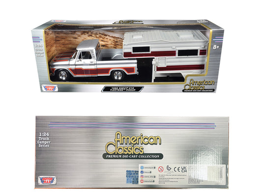 1966 Chevrolet C10 Fleetside Pickup Truck Silver Metallic with Brown Sides with Camper Shell "American Classics" Series 1/24 Diecast Model Car by Motormax by Motormax