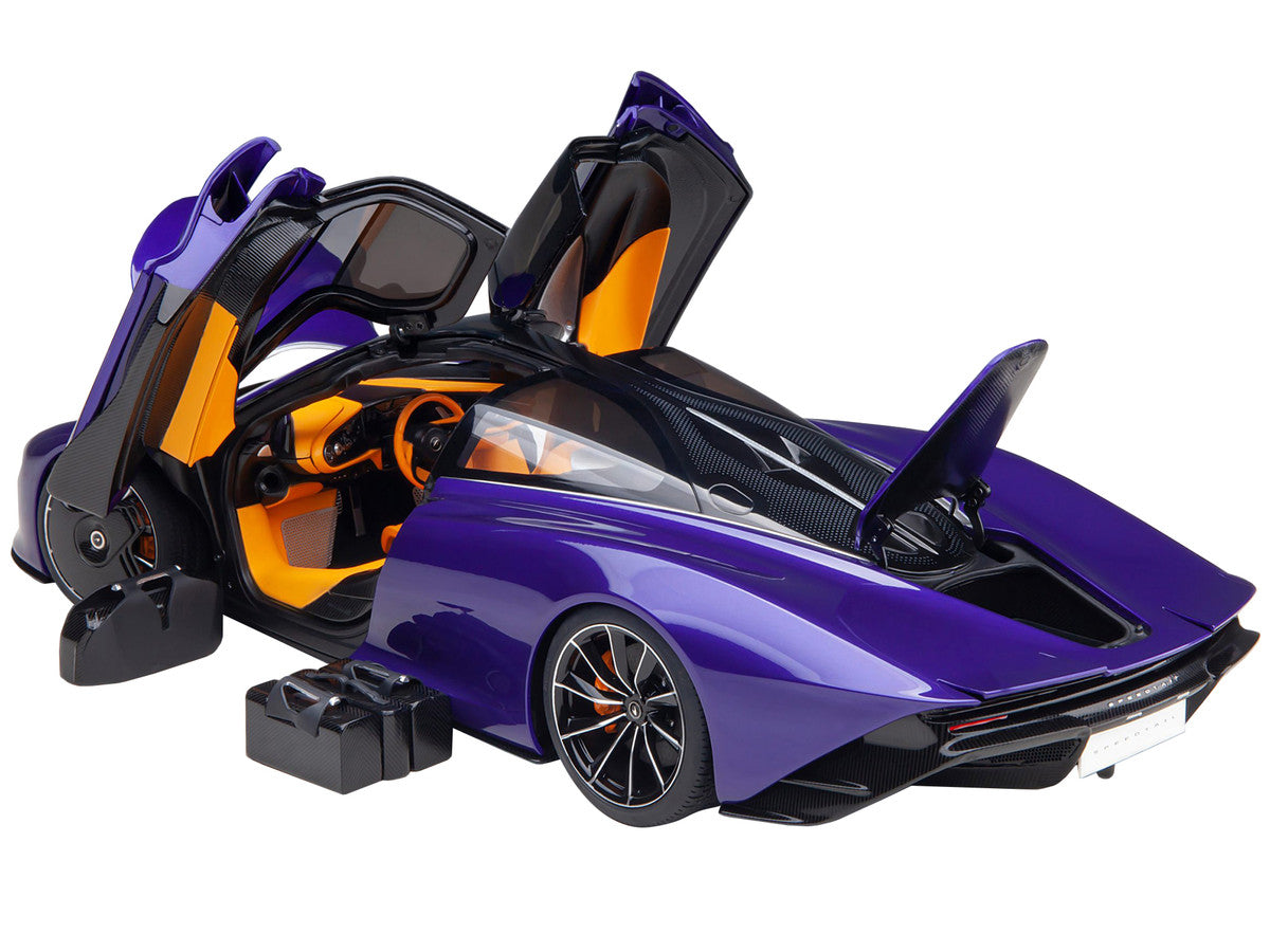 McLaren Speedtail Lantana Purple Metallic with Black Top and Yellow Interior and Suitcase Accessories 1/18 Model Car by Autoart by Autoart