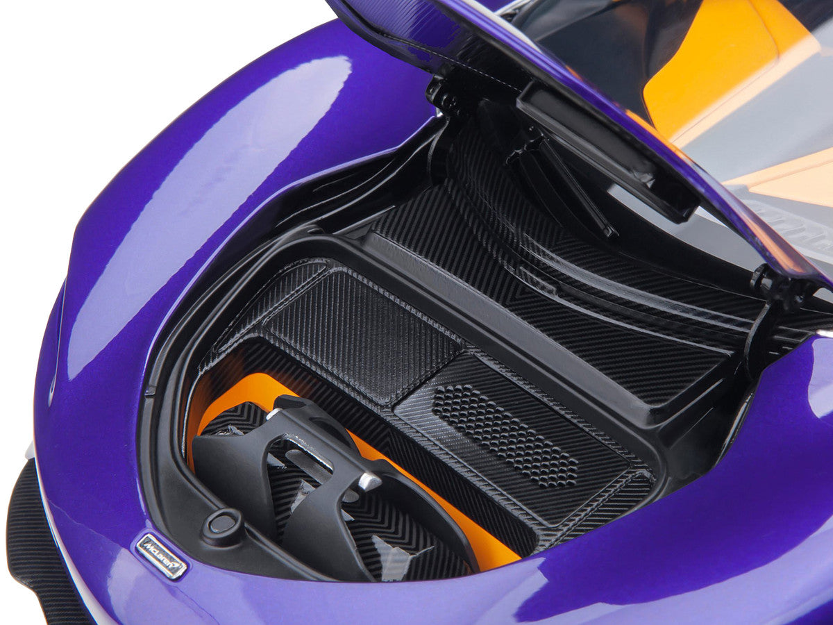 McLaren Speedtail Lantana Purple Metallic with Black Top and Yellow Interior and Suitcase Accessories 1/18 Model Car by Autoart by Autoart