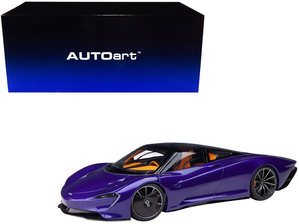McLaren Speedtail Lantana Purple Metallic with Black Top and Yellow Interior and Suitcase Accessories 1/18 Model Car by Autoart by Autoart