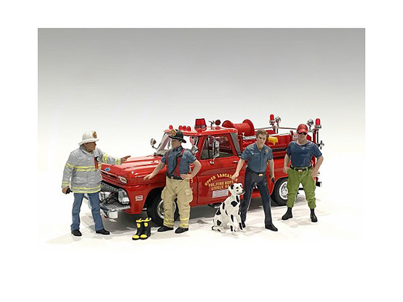 "Firefighters" 6 piece Figure Set (4 Males 1 Dog 1 Accessory) for 1/18 Scale Models by American Diorama by American Diorama