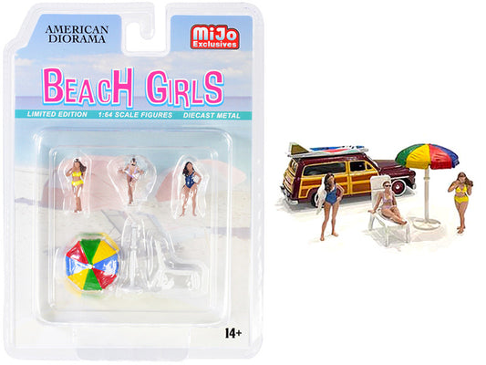 "Beach Girls" 5 piece Diecast Set (3 Figurines 1 Beach Chaise and 1 Beach Umbrella) for 1/64 Scale Models by American Diorama by American Diorama