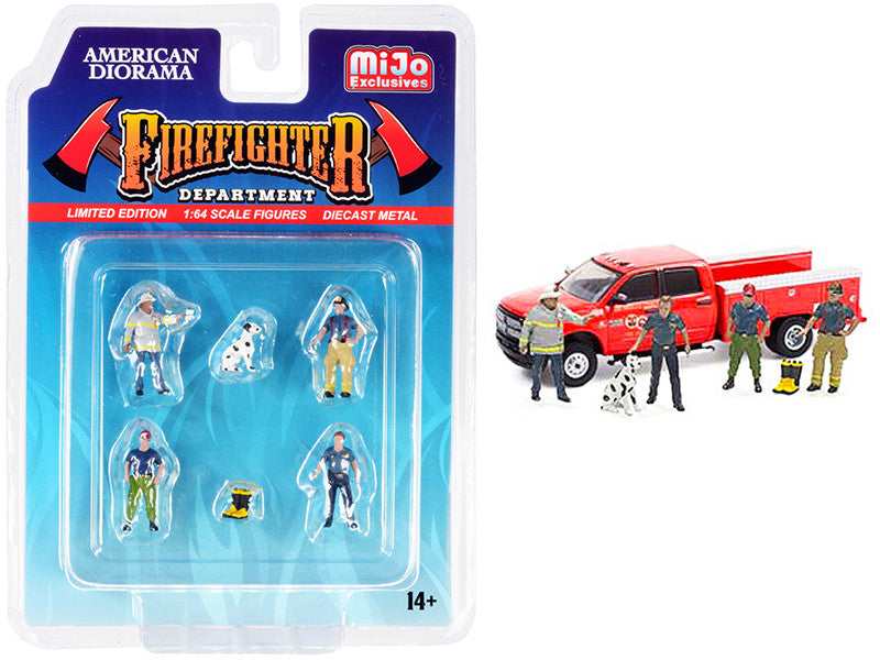 "Firefighter II" 6 piece Diecast Set (4 Figurines 1 Dog and 1 Accessory) for 1/64 Scale Models by American Diorama by American Diorama