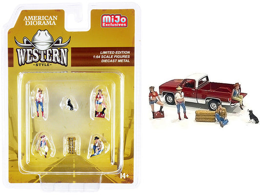 "Western Style" 6 piece Diecast Set (4 Figurines and 2 Accessories) for 1/64 Scale Models by American Diorama by American Diorama