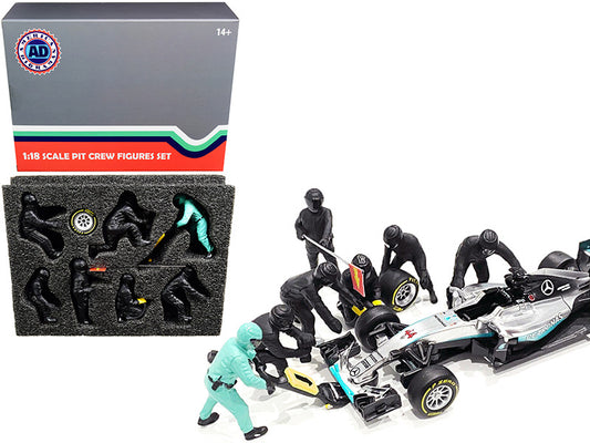 Formula One F1 Pit Crew 7 Figurine Set Team Black for 1/18 Scale Models by American Diorama by American Diorama