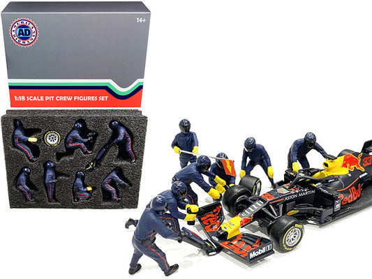 Formula One F1 Pit Crew 7 Figurine Set Team Blue for 1/18 Scale Models by American Diorama by American Diorama