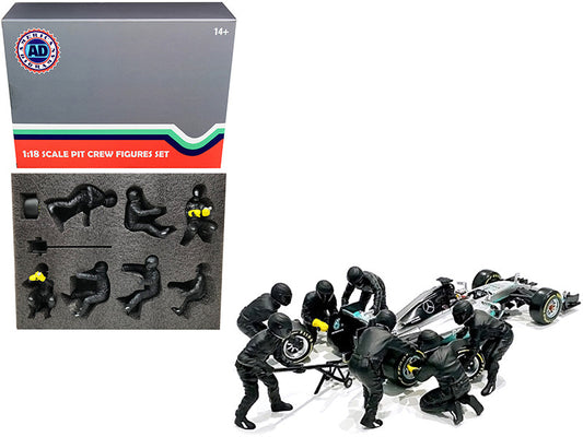 Formula One F1 Pit Crew 7 Figurine Set Team Black Release II for 1/18 Scale Models by American Diorama by American Diorama
