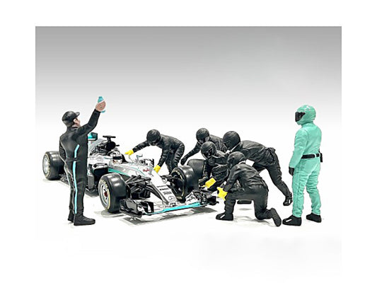Formula One F1 Pit Crew 7 Figure Set Team Black Release III for 1/18 Scale Models by American Diorama by American Diorama