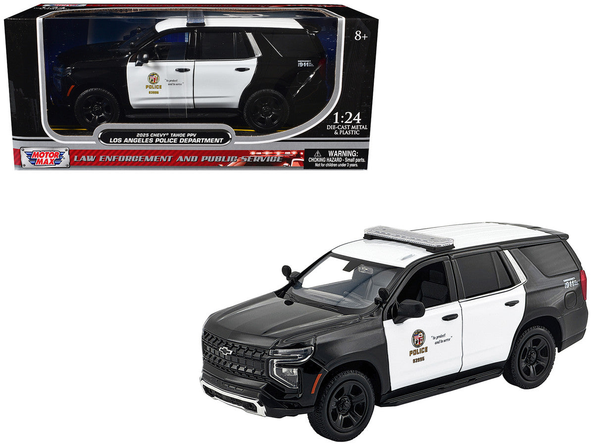 2025 Chevrolet Tahoe Police Pursuit Vehicle "Los Angeles Police Department (LAPD)" Black and White "Law Enforcement and Public Service" Series 1/24 Diecast Model Car by Motormax by Motormax