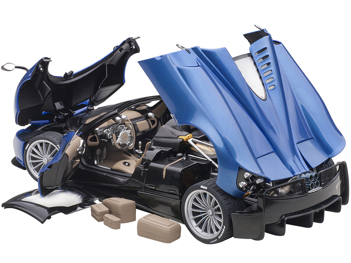 Pagani Huayra Roadster Blue Tricolore Carbon Fiber with Black Top with Luggage Set 1/18 Model Car by Autoart by Autoart
