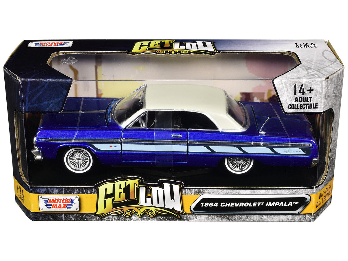 1964 Chevrolet Impala Lowrider Hard Top Candy Blue Metallic with Cream Top "Get Low" Series 1/24 Diecast Model Car by Motormax by Motormax