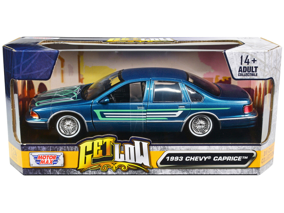 1993 Chevrolet Caprice Lowrider Blue Metallic with Graphics "Get Low" Series 1/24 Diecast Model Car by Motormax by Motormax