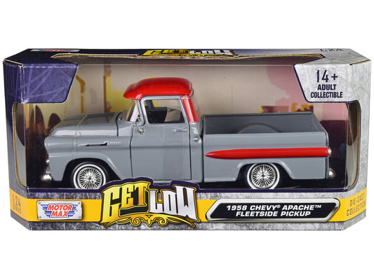 1958 Chevrolet Apache Fleetside Pickup Truck Lowrider Gray with Red Top "Get Low" Series 1/24 Diecast Model Car by Motormax by Motormax